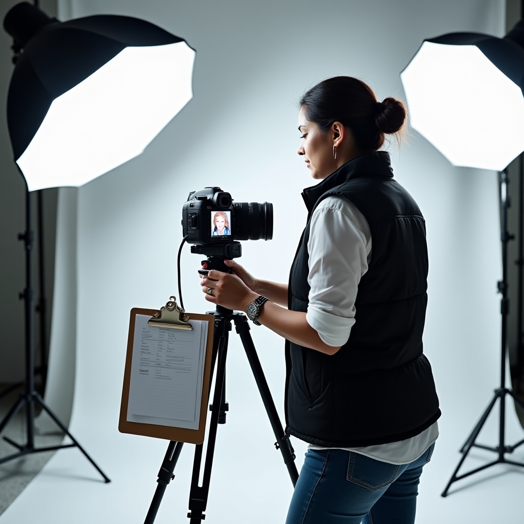 Fotograf při profesionálním fotografování v ateliéru